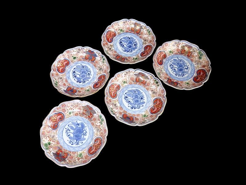 大聖寺伊万里　金襴手　草花に亀甲紋の図　４寸皿　５枚　233AS-CVy