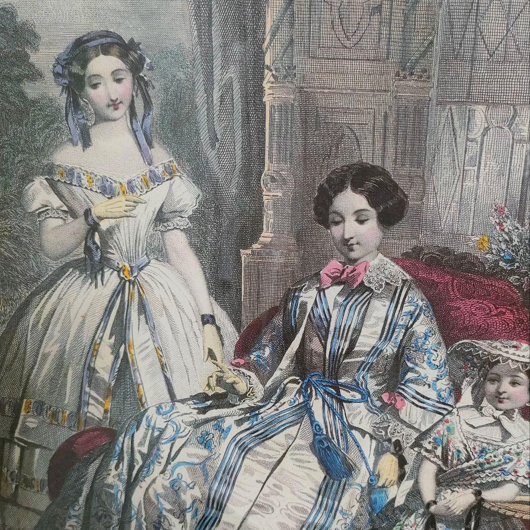 アンティーク版画　19世紀 フランス ファッションプレート 額装手彩色リトグラフ