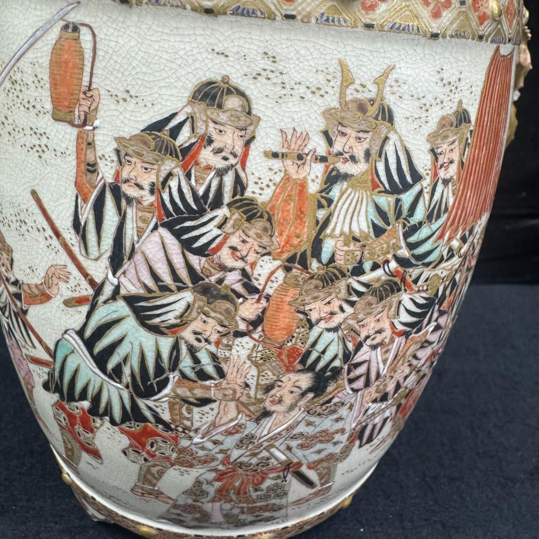 希少！薩摩焼 武将図 金彩香炉 獅子摘 古薩摩 箱付 名家旧蔵 明治時代 耳キズ