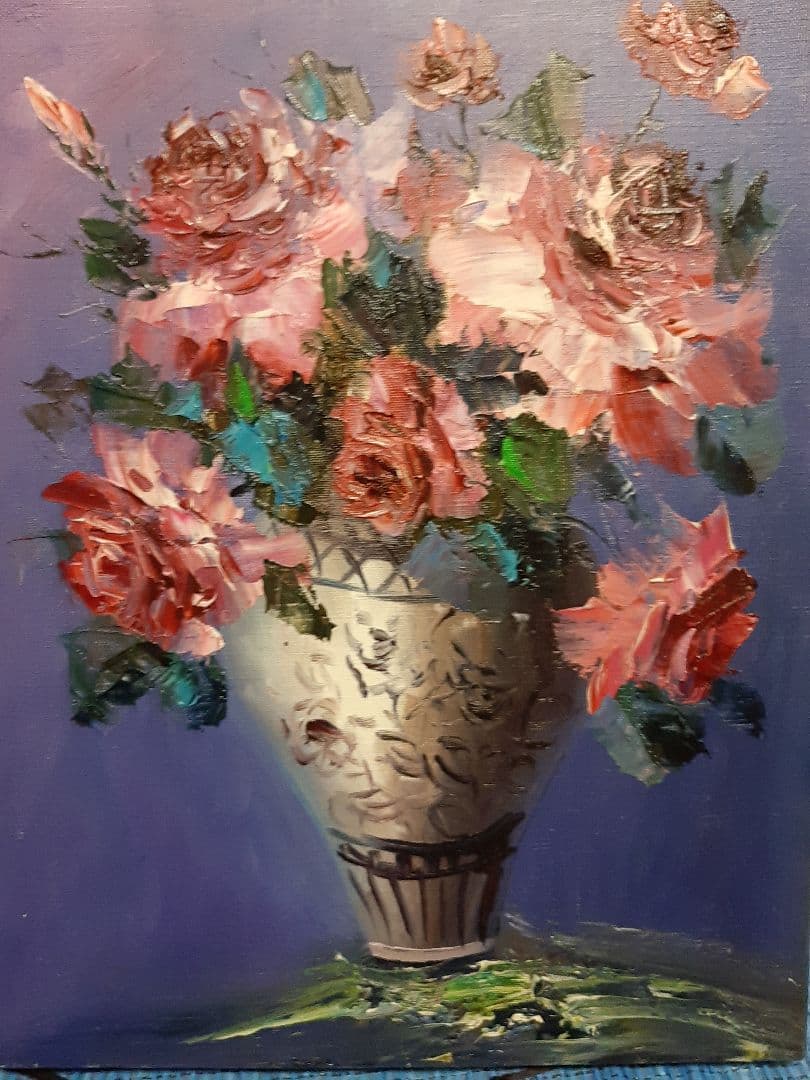 バラ 薔薇 花束 油彩画 金色フレーム 油絵　作者不明
