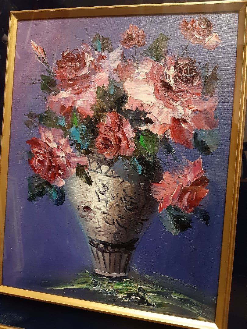 バラ 薔薇 花束 油彩画 金色フレーム 油絵　作者不明