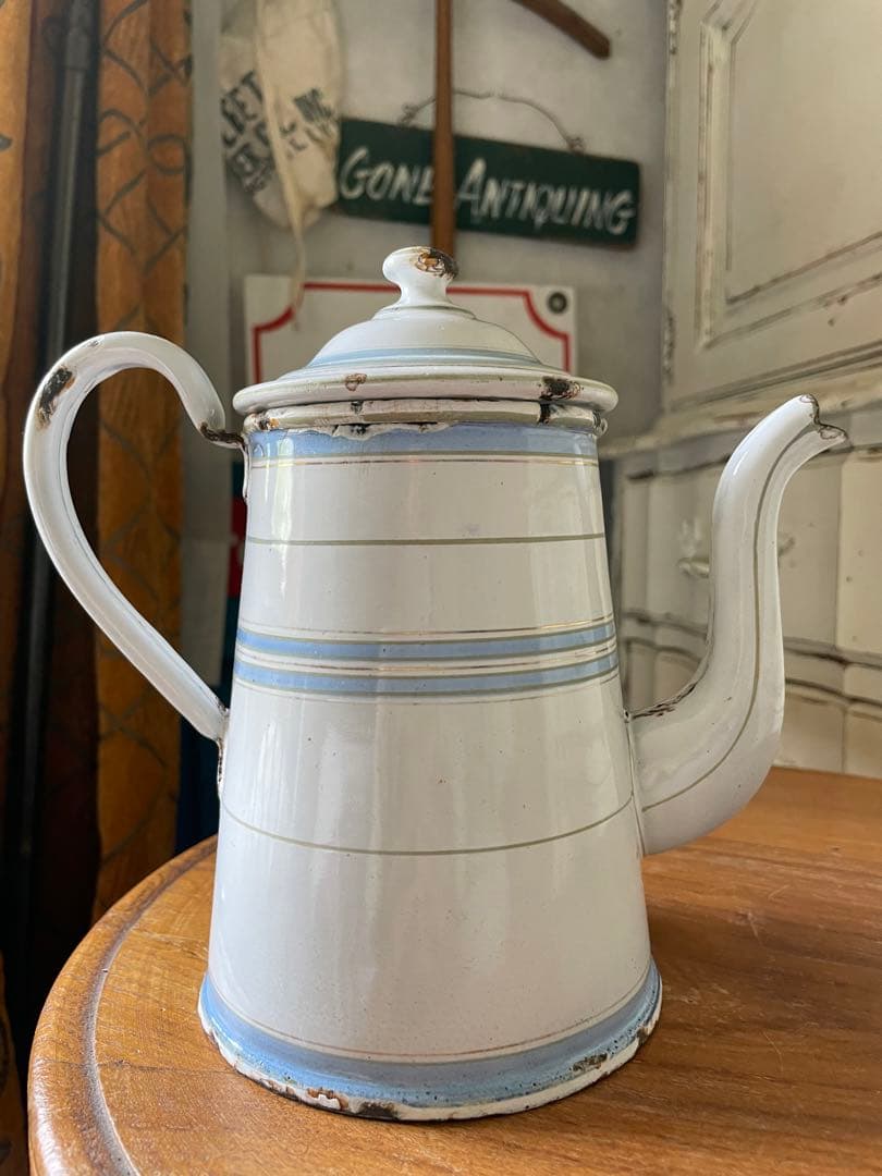 Kアンティーク　ホーロー　ポット　エトワール社　ライトブルー　ホワイト