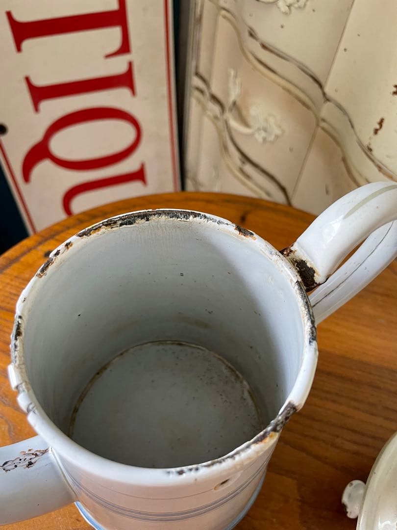 Kアンティーク　ホーロー　ポット　エトワール社　ライトブルー　ホワイト