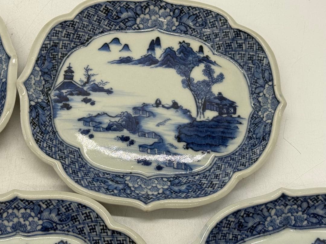 中国　染付　山水人物紋　菱型皿5点　玉玩製　送料込み251112