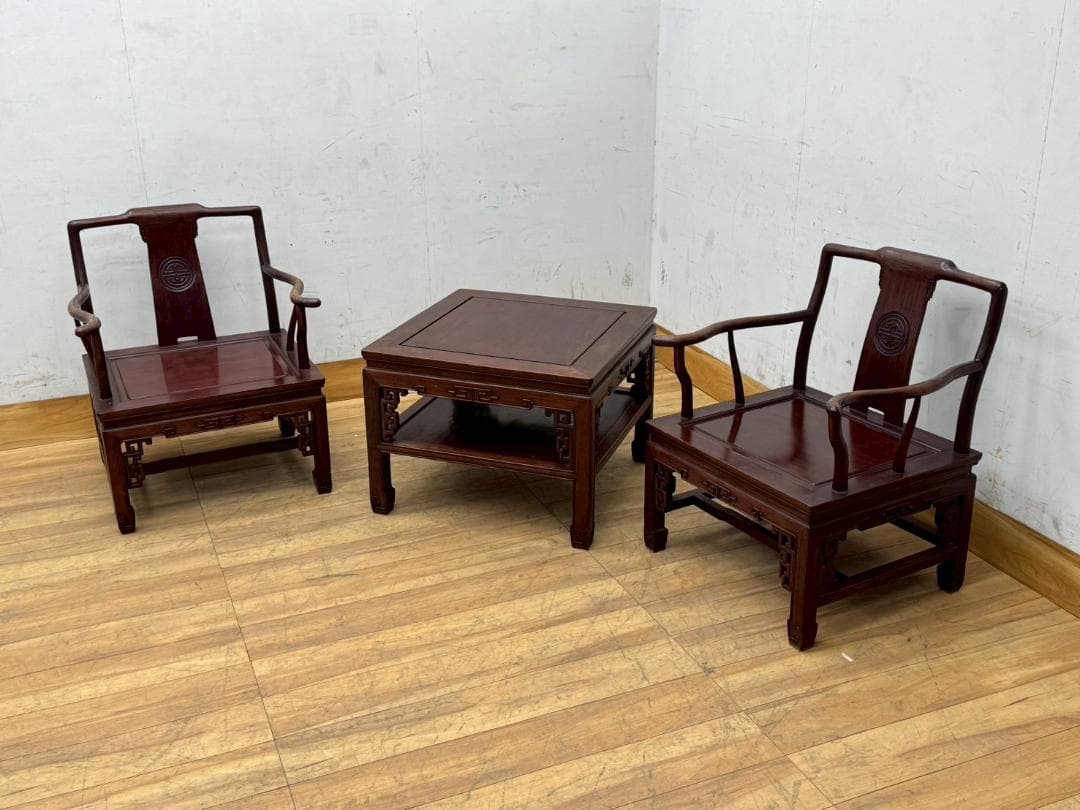 T1557☆花梨　唐木家具　ダイニングチェア2脚　センターテーブル　中国美術