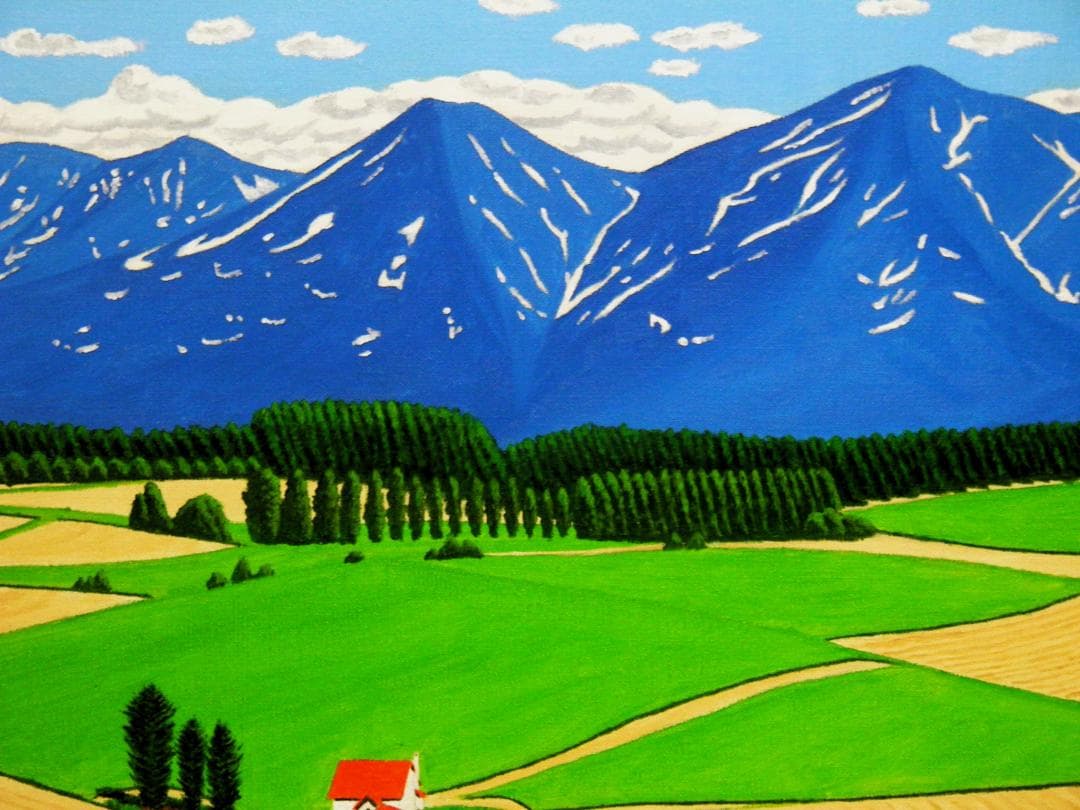 ★十勝連峰と赤い屋根の家・肉筆油彩画・F6キャンバス