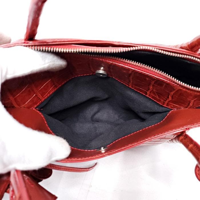 【美品】 BAGFAN クロコ レザー 本革 フラワーモチーフ ハンドバッグ