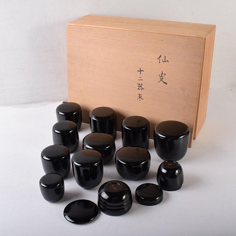 茶道具　黒漆　十二器棗　仙叟　時代箱　F　R8089C
