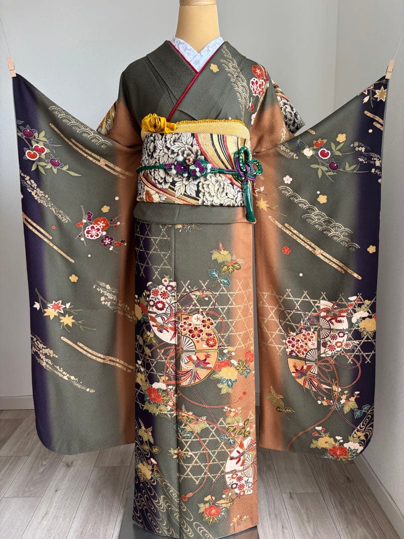 ⭐️振袖フルセット（７点）　正絹振袖　成人式　モスグリーン系