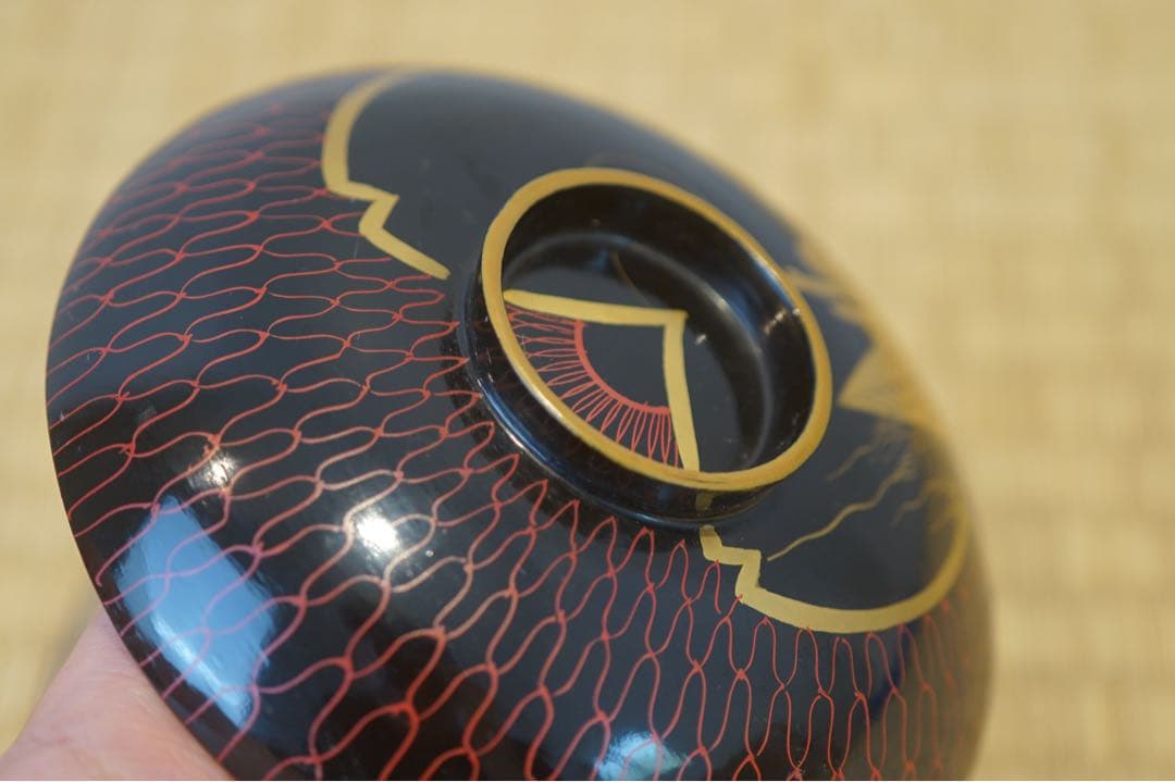 江戸後期 京蒔絵 猟師図蒔絵 波千鳥文 黒漆 吸物椀 2客/ 木製漆器 茶懐石