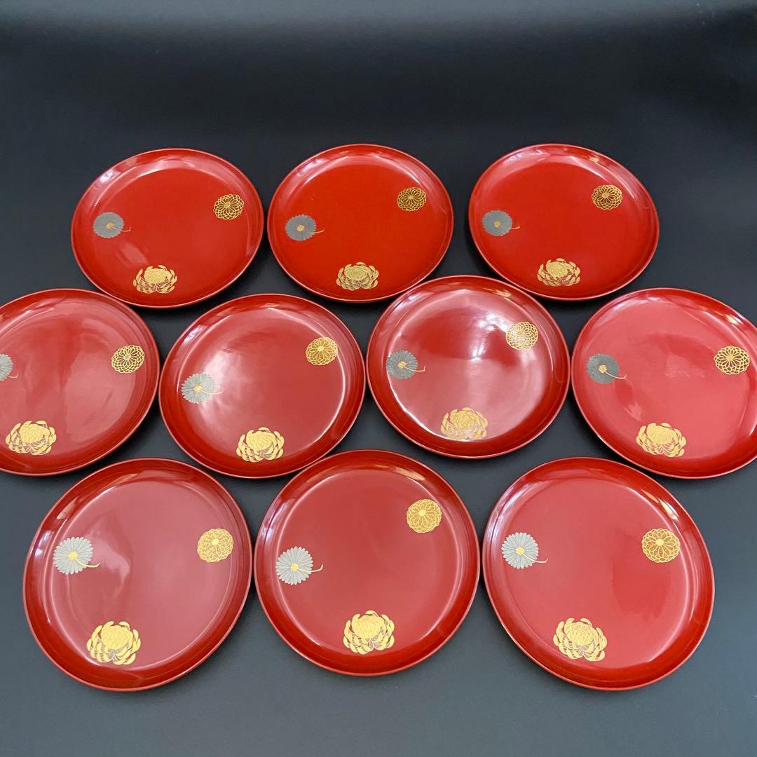 京都 平安象彦 菊 銘々盆 菓子皿 漆器 10客 共箱 菓子器 茶道具 懐石