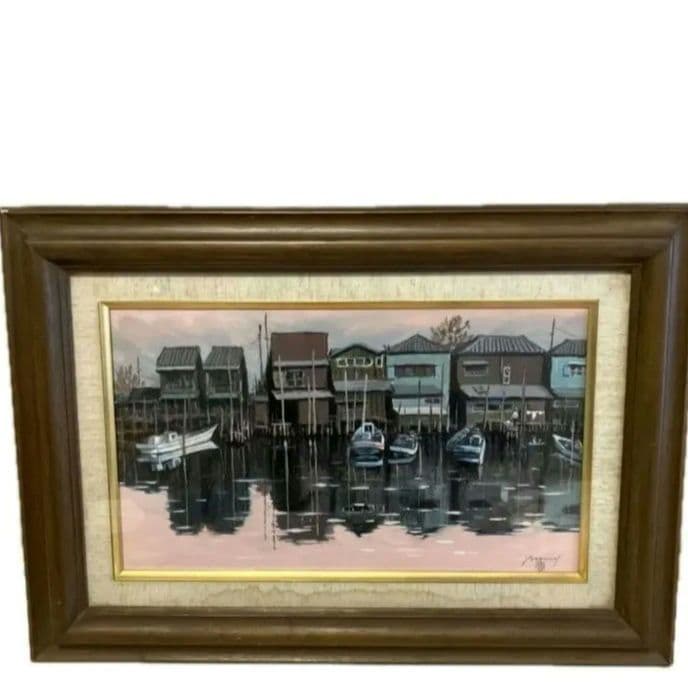 油絵 舟のある風景 港の風景 油彩画 額縁付