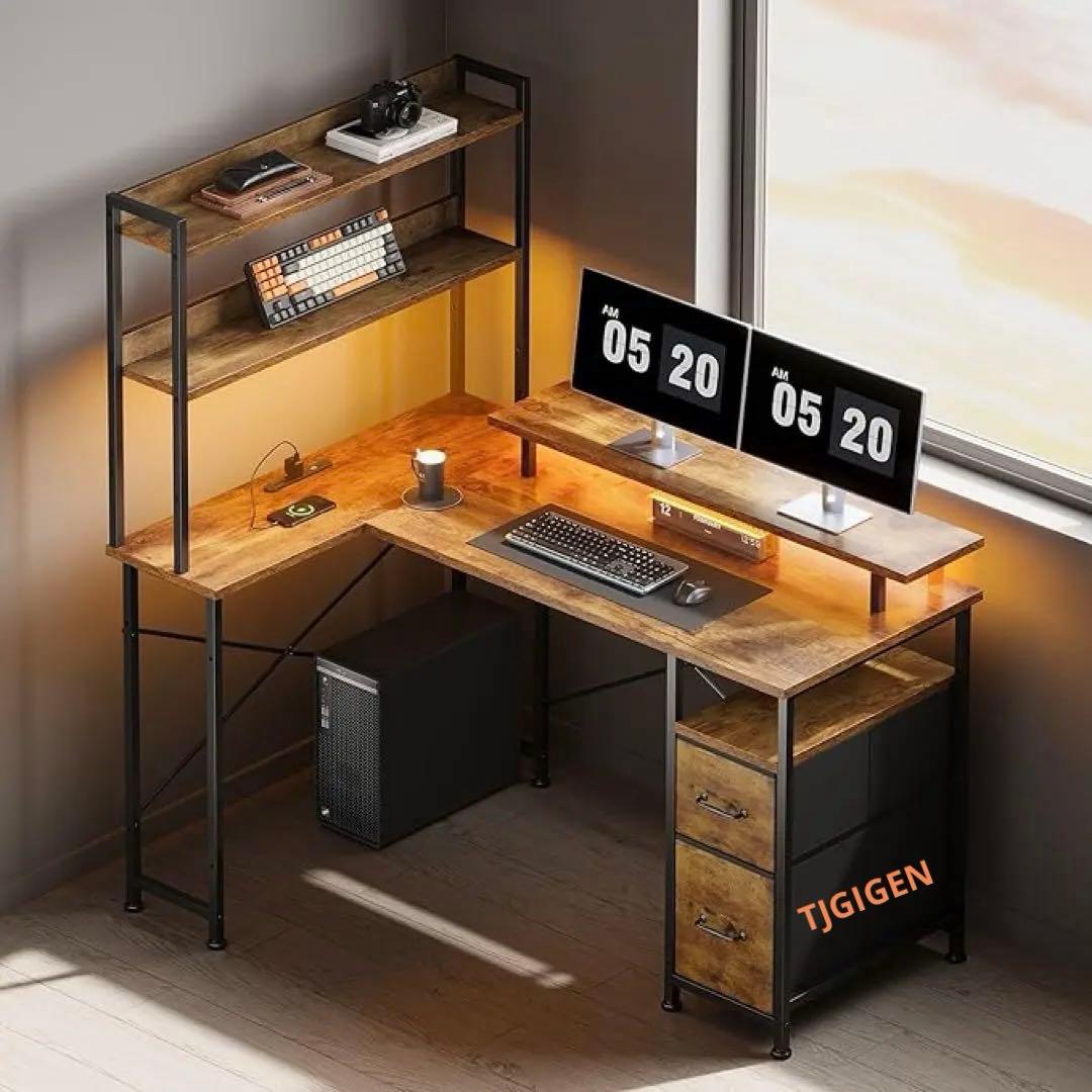 L字型パソコンデスク 収納棚付き