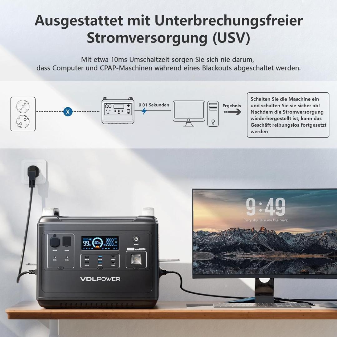 VDLポータブル電源 2000W 大容量 リン酸鉄リチウム電池