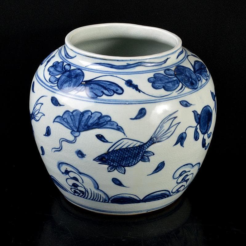 中国　青花　花卉魚波文瓶　壷　N　R5755
