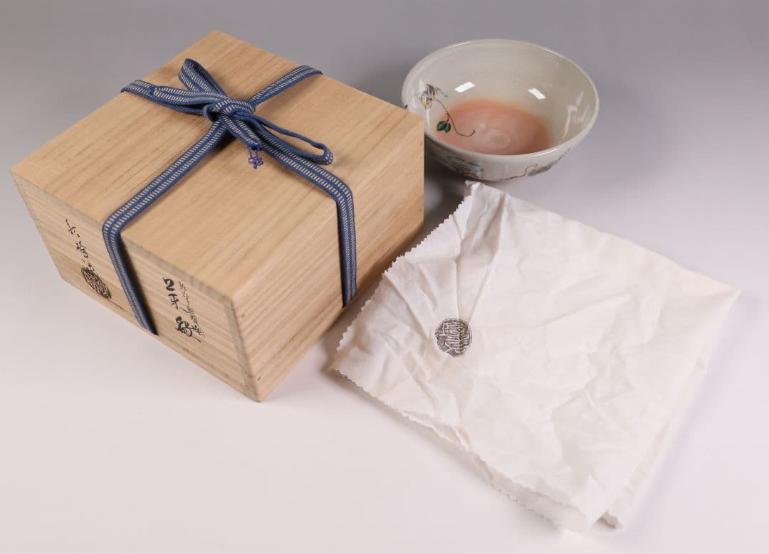 茶道具 中村秋峰 乾山写 朝顔絵 茶碗 平茶碗 共箱 共布 陶芸 京焼【MB90