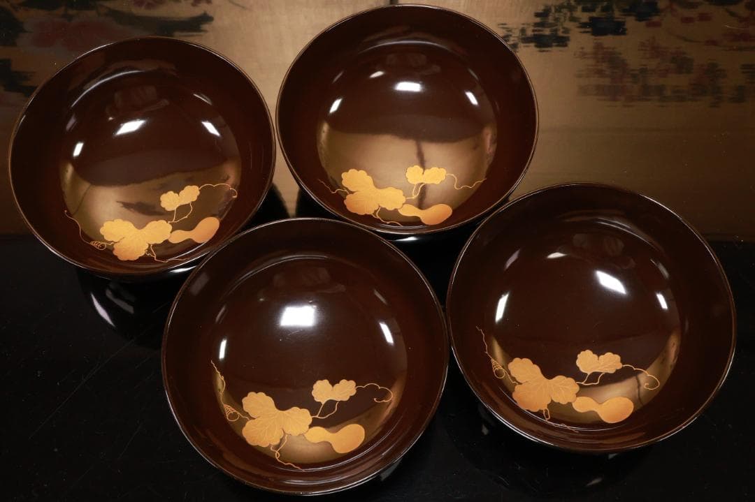 時代漆器　輪島塗　瓢箪図蒔絵　吸物椀　四客　木製　細密 BJ125