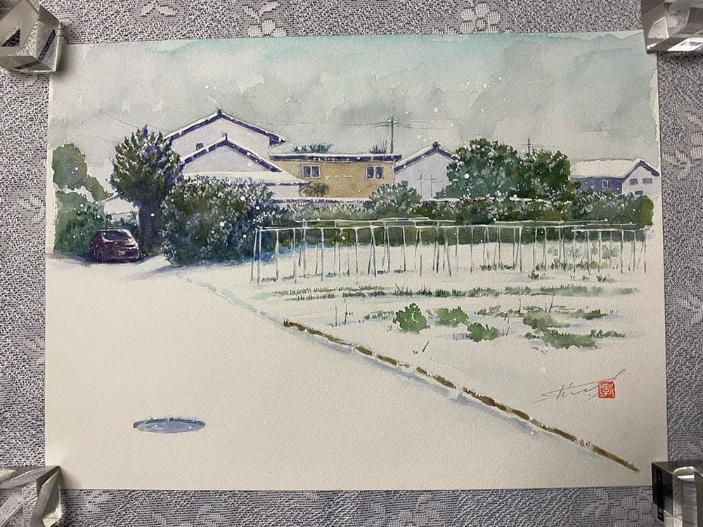 水彩アート「初雪」1点物、手描き、真筆