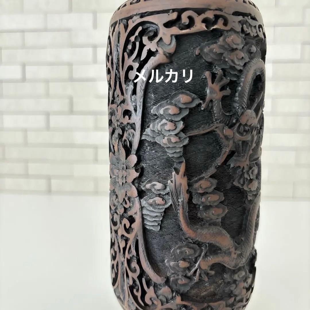 龍　花瓶　黒色花瓶　ドラゴン彫刻　一輪挿し　アンティーク　縁起物骨董品