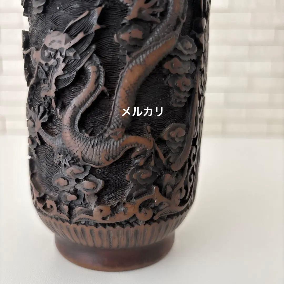 龍　花瓶　黒色花瓶　ドラゴン彫刻　一輪挿し　アンティーク　縁起物骨董品