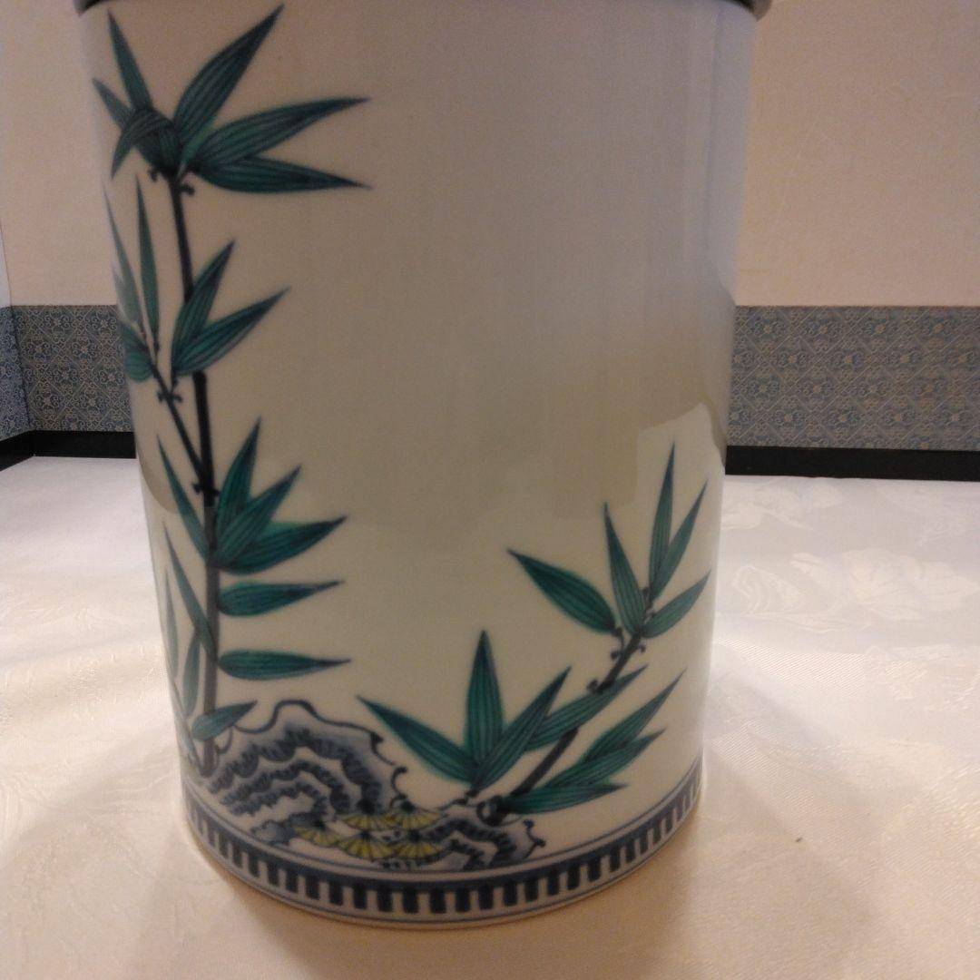 御室窯 色絵 岩竹 水指 一重口 塗蓋 共箱 茶道具