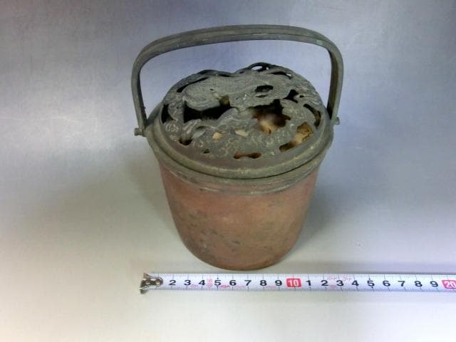手炉■古銅製 手あぶり 手焙り 手火鉢 火入れ 火器 透かし火屋 雲竜 時代物■
