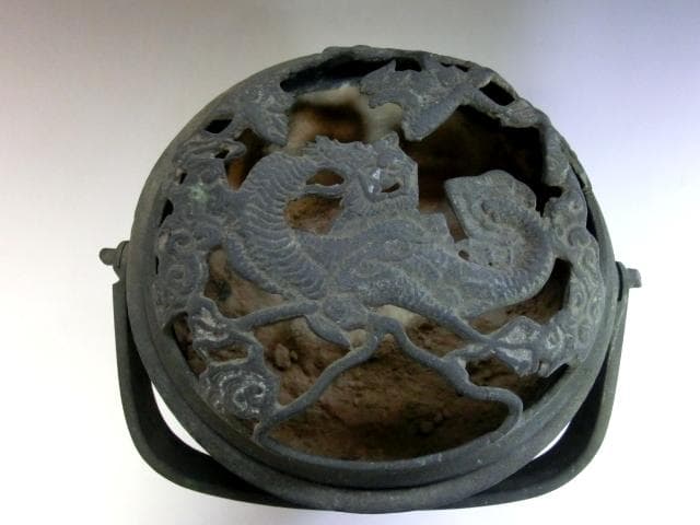 手炉■古銅製 手あぶり 手焙り 手火鉢 火入れ 火器 透かし火屋 雲竜 時代物■