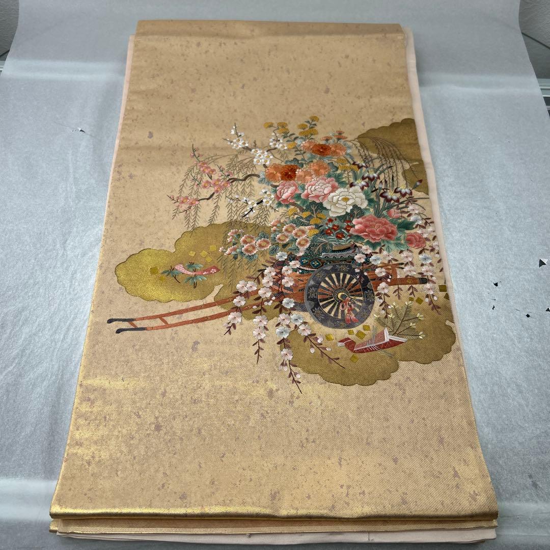 金色 花柄 袋帯1222