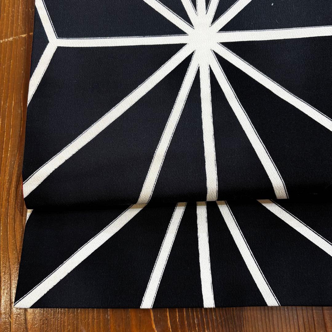 京袋帯　黒に麻の葉模様　全通　長さ365 レトロモダン o1587