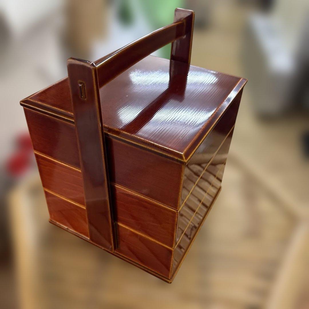 未使用　美品　伝統工芸 飛騨春慶塗 手提げ三段重 箱付き 天然木 漆器 お重