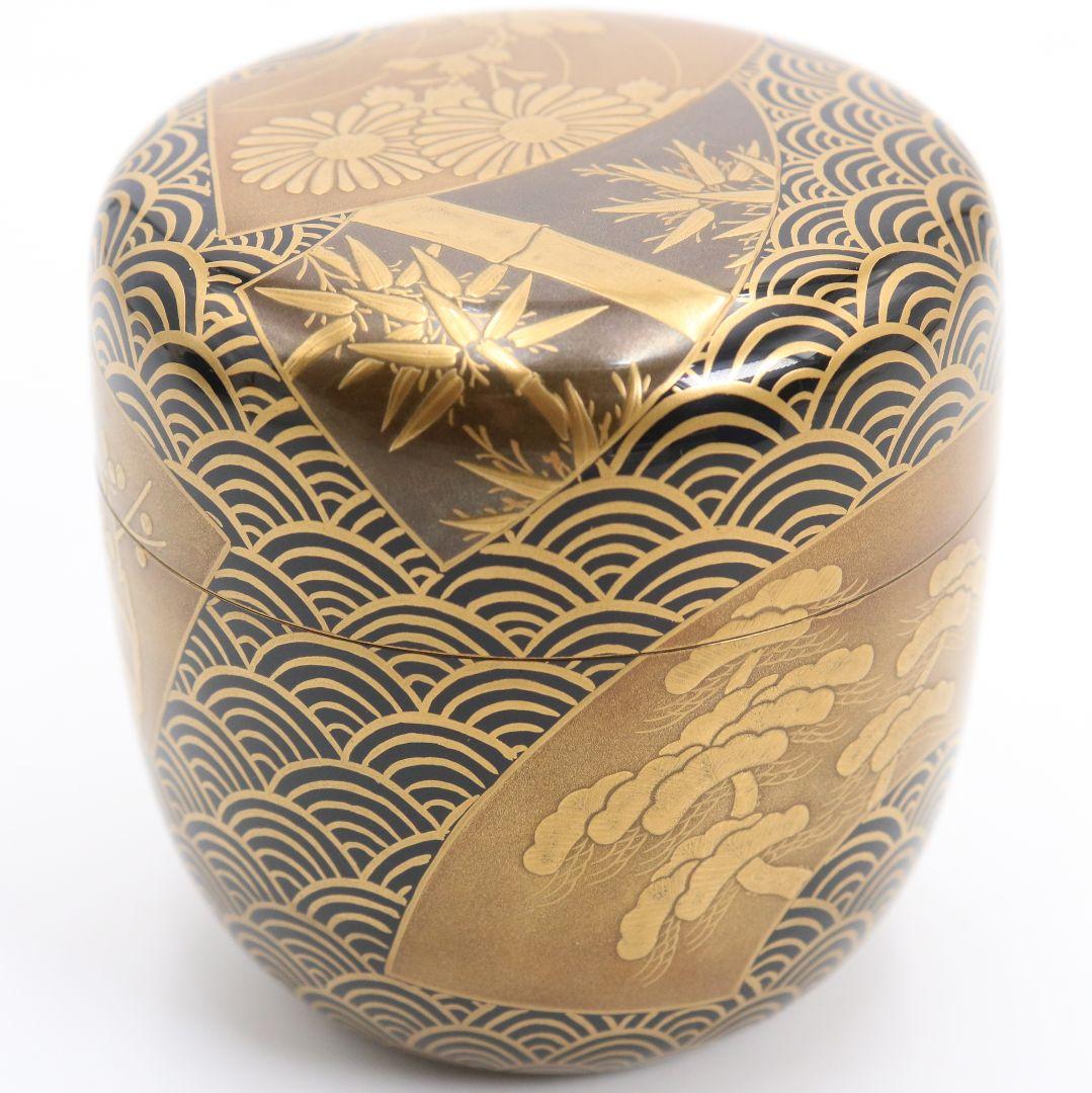 青海波に五君子蒔絵 中棗 松竹梅 内金梨子地 茶道具　M881