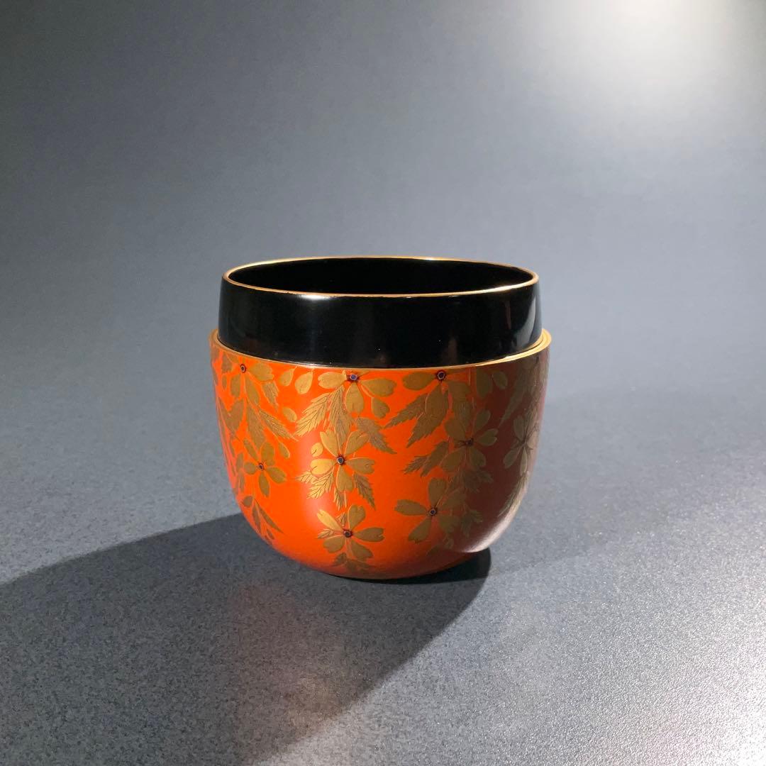 【茶道具】枝垂れ桜蒔絵　棗　朱漆　螺鈿　都作　6R0897