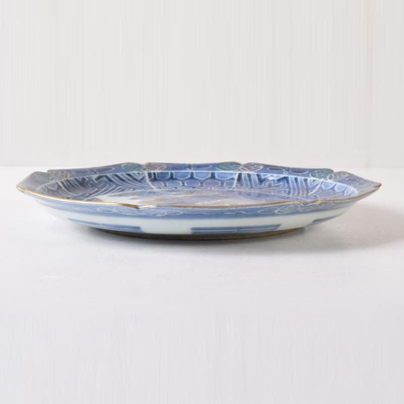 伊万里焼　古伊万里　富長貴春　染付　山水文　輪花皿　時代箱付　C　8264