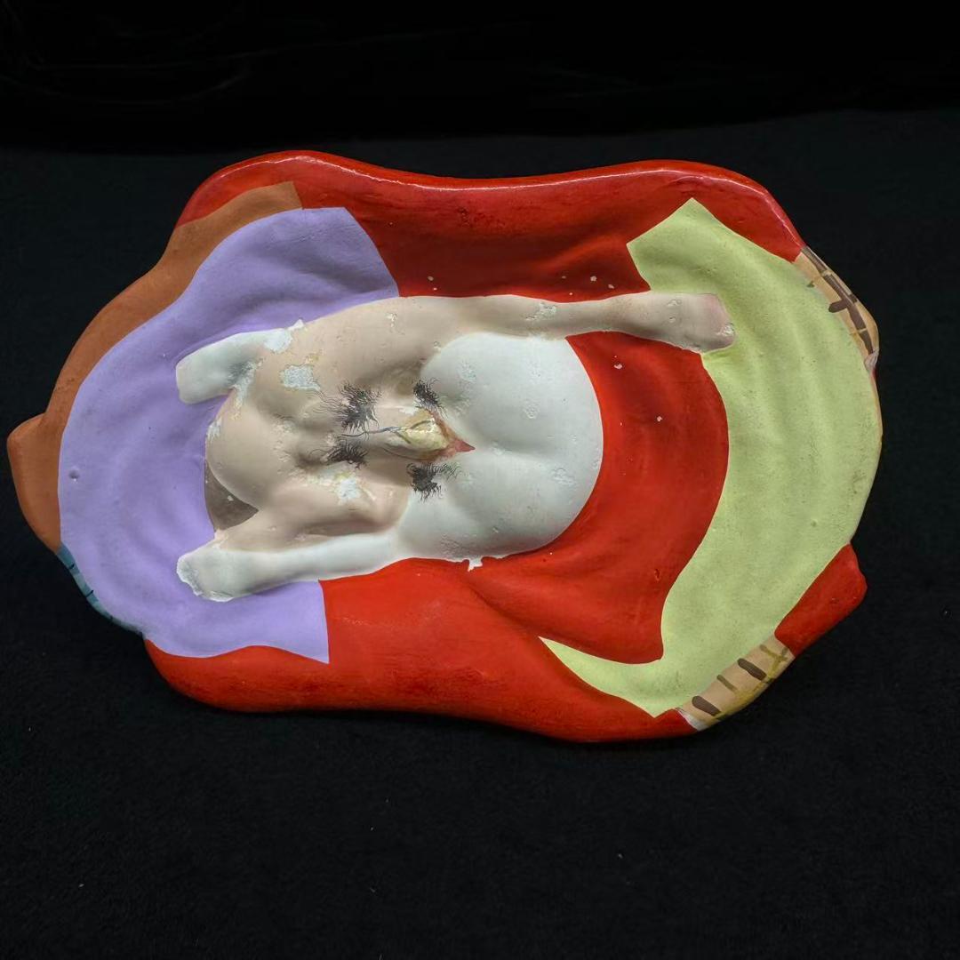 値下げ！骨董 春画人形 裏隠し 置物　彩色土人形 炬燵の男女 昭和レトロ