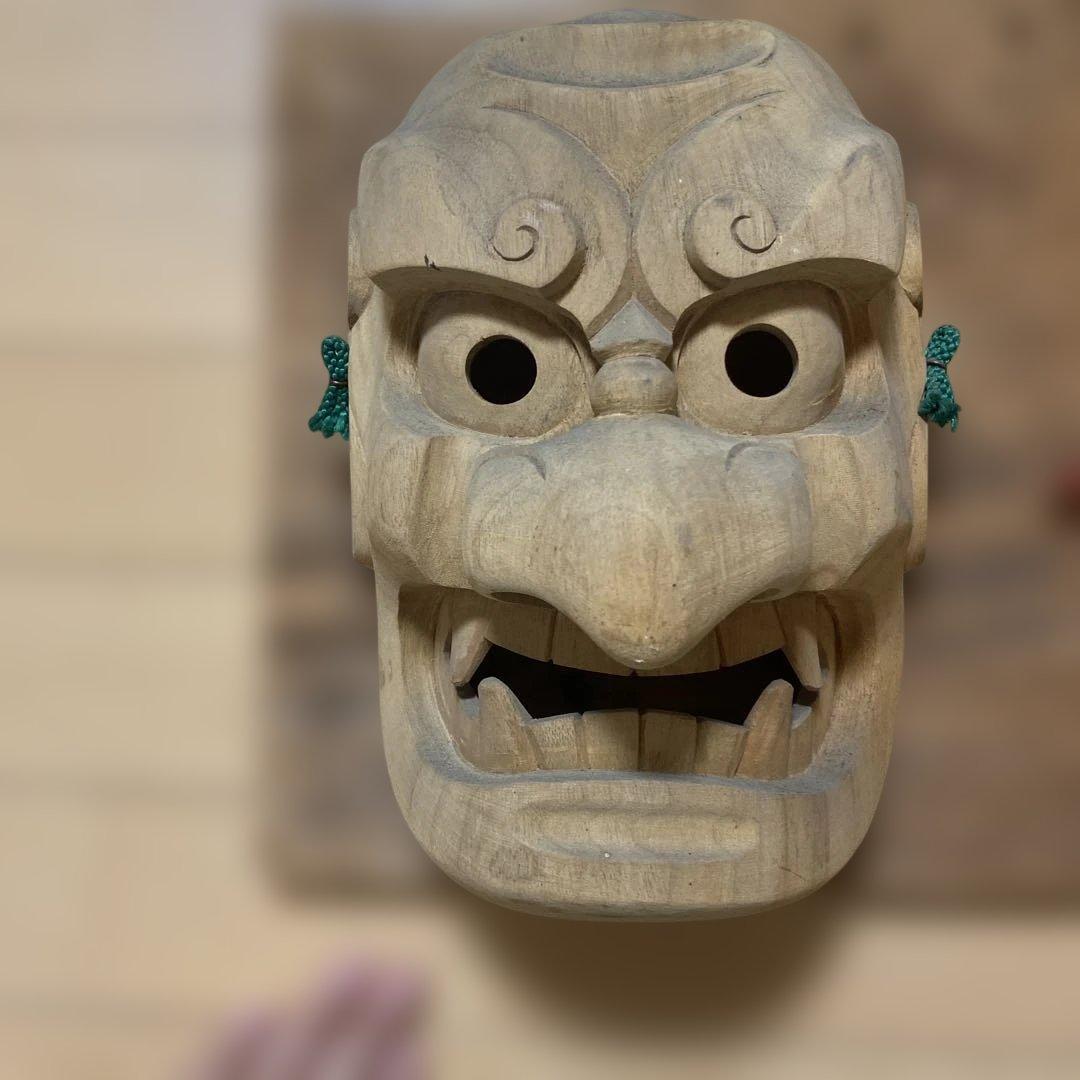 木製 神楽面 鬼面と笑顔の面