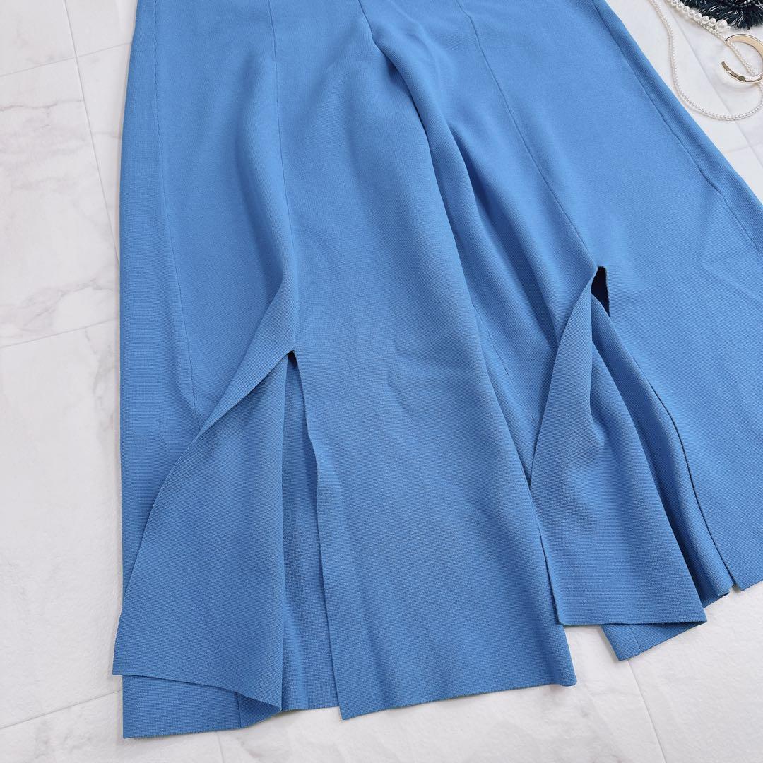 アドーア ドライストレッチ　スリット入り ニットワイドパンツ　ブルー　38