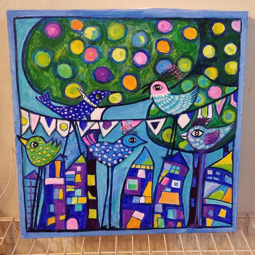 油絵　にゃんこ　足の長い鳥が住む街