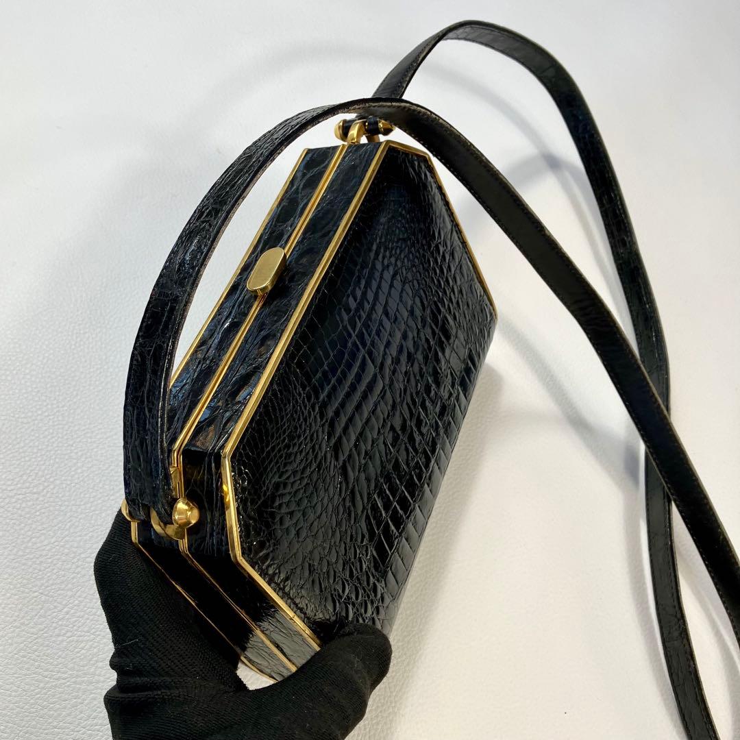 リアル　クロコダイル　クラッチ　パーティーバッグ　 アンティック　ゴールドトリム