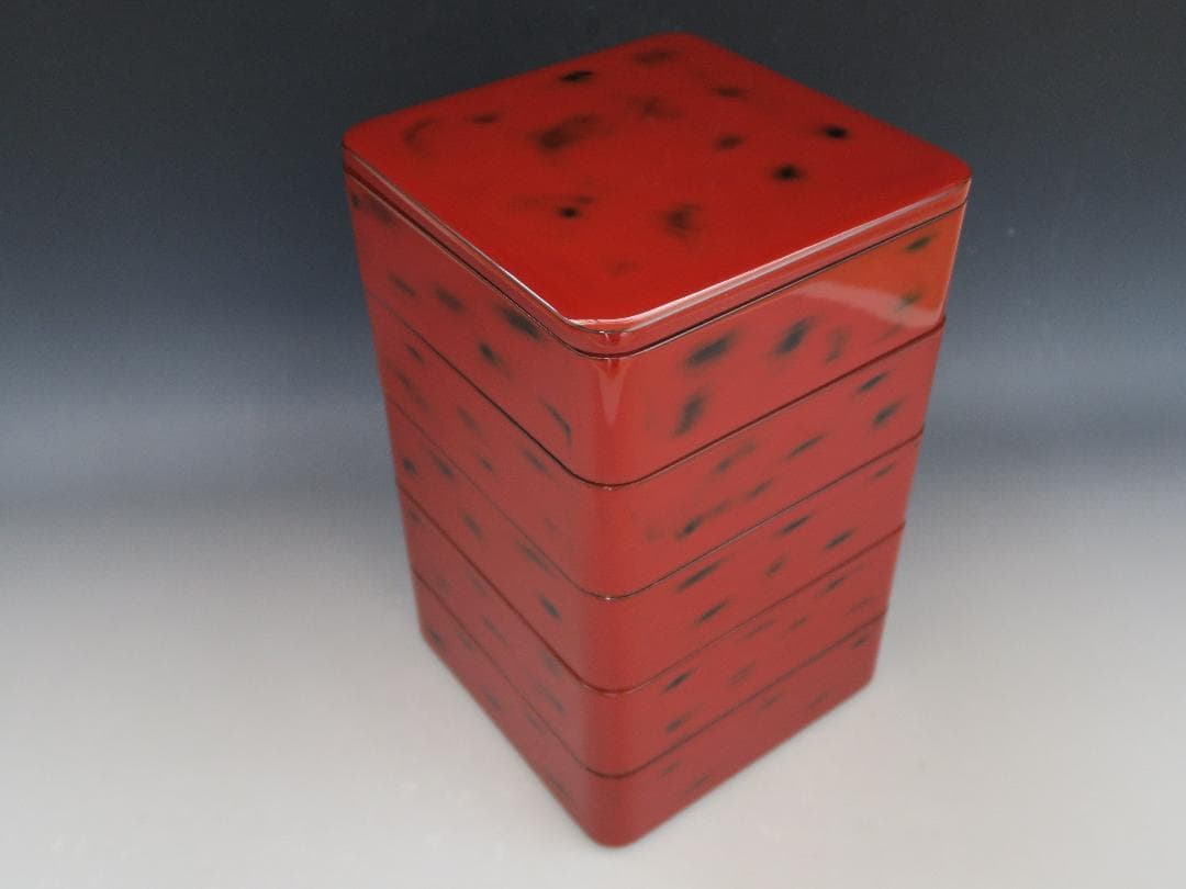 【輪島塗】根来研出 五段重 堅牢優美 徳野漆器店 朱塗 蓋二枚付 天然木 共箱