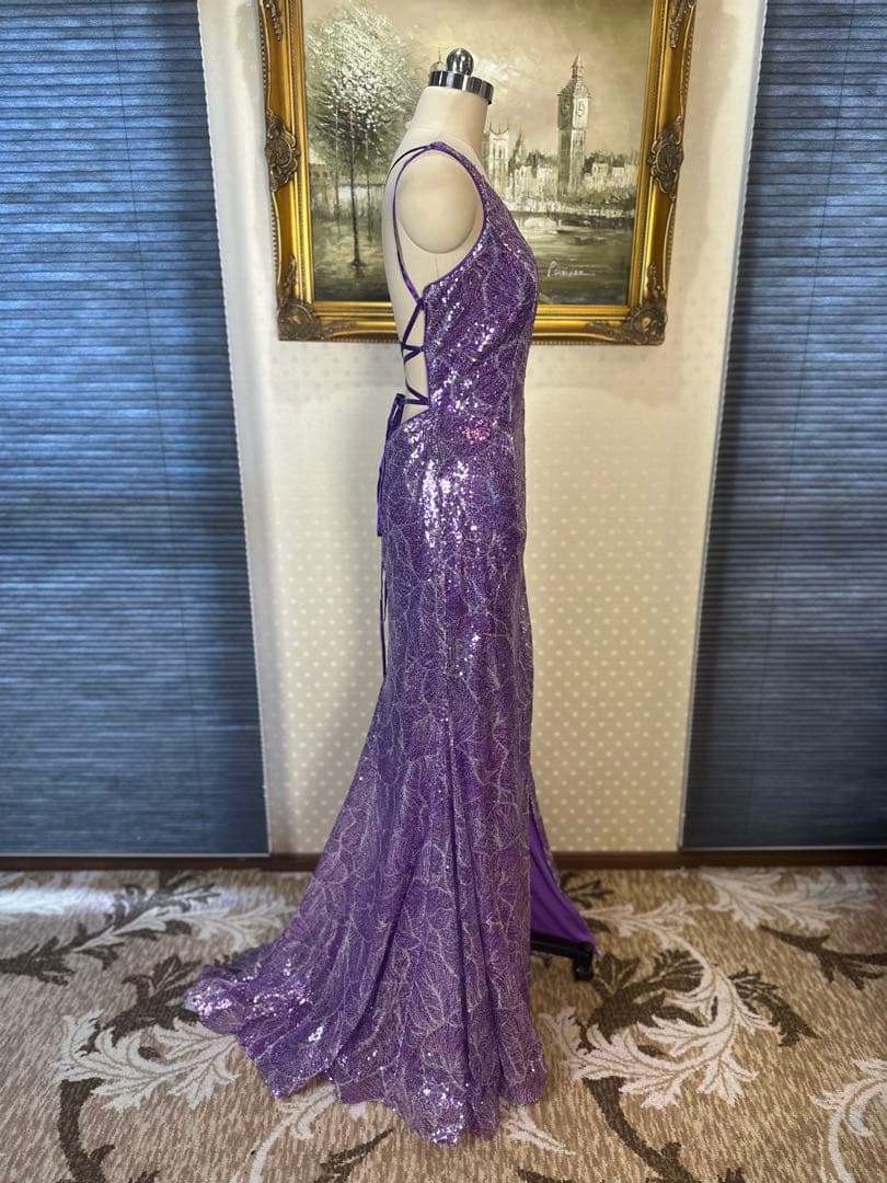 紫色 スパンコール 片肩ドレス