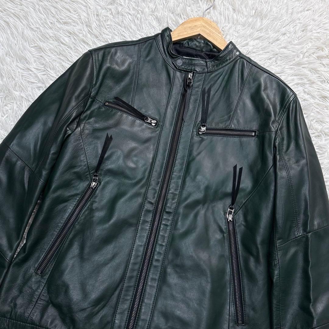 メンズビギ ライダース レザージャケット XL グリーン シングル 羊革