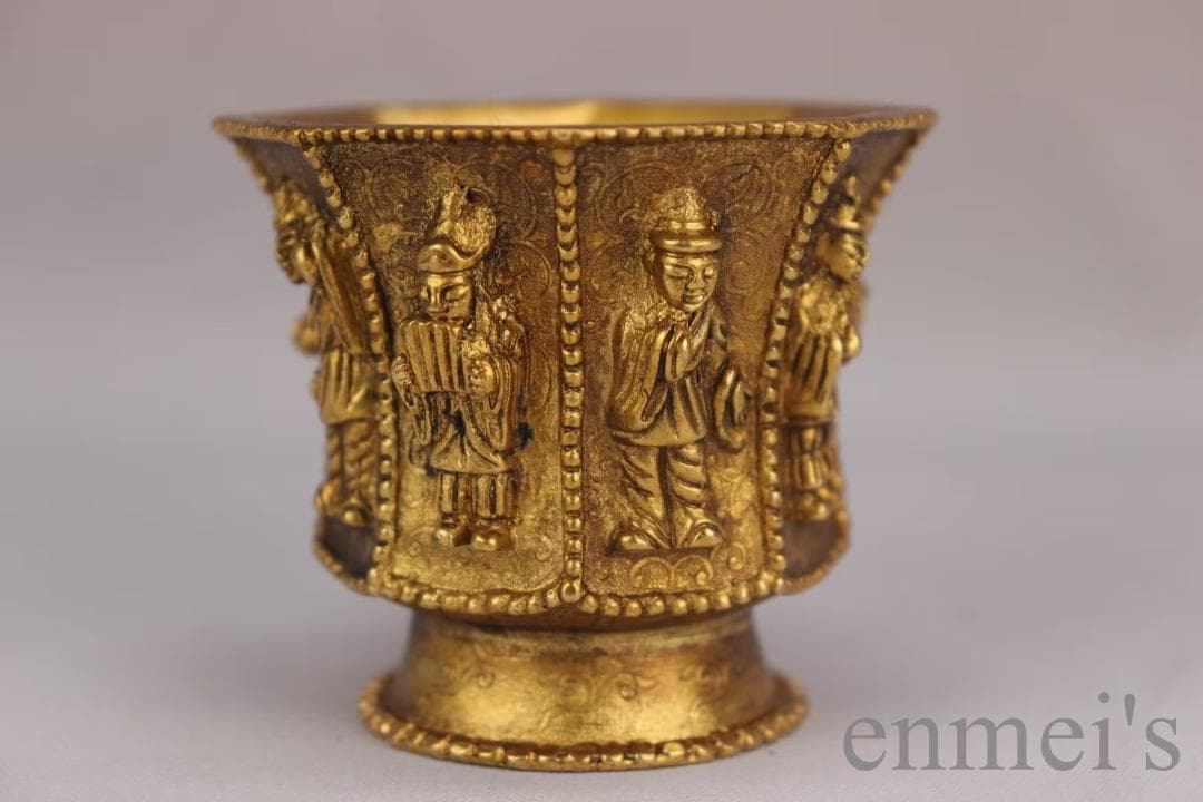 中国古美術 旧蔵 唐代 大唐貞觀款 鍍金銅酒杯 八仙紋 純手作り 精銅製 酒具