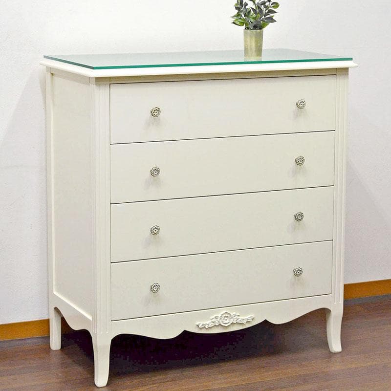 アイボリー 高級 4段チェスト 完成品 8mm天板ガラス付 チェスト 寝室 猫脚