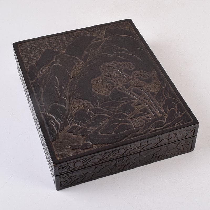 中国　漆塗　山水人物文　文箱　硯箱　V　R8958