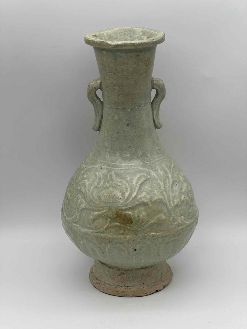 北宋時代　青白磁刻花牡丹文双耳瓶　景徳鎮　影青　唐物　古賞物(E-76)