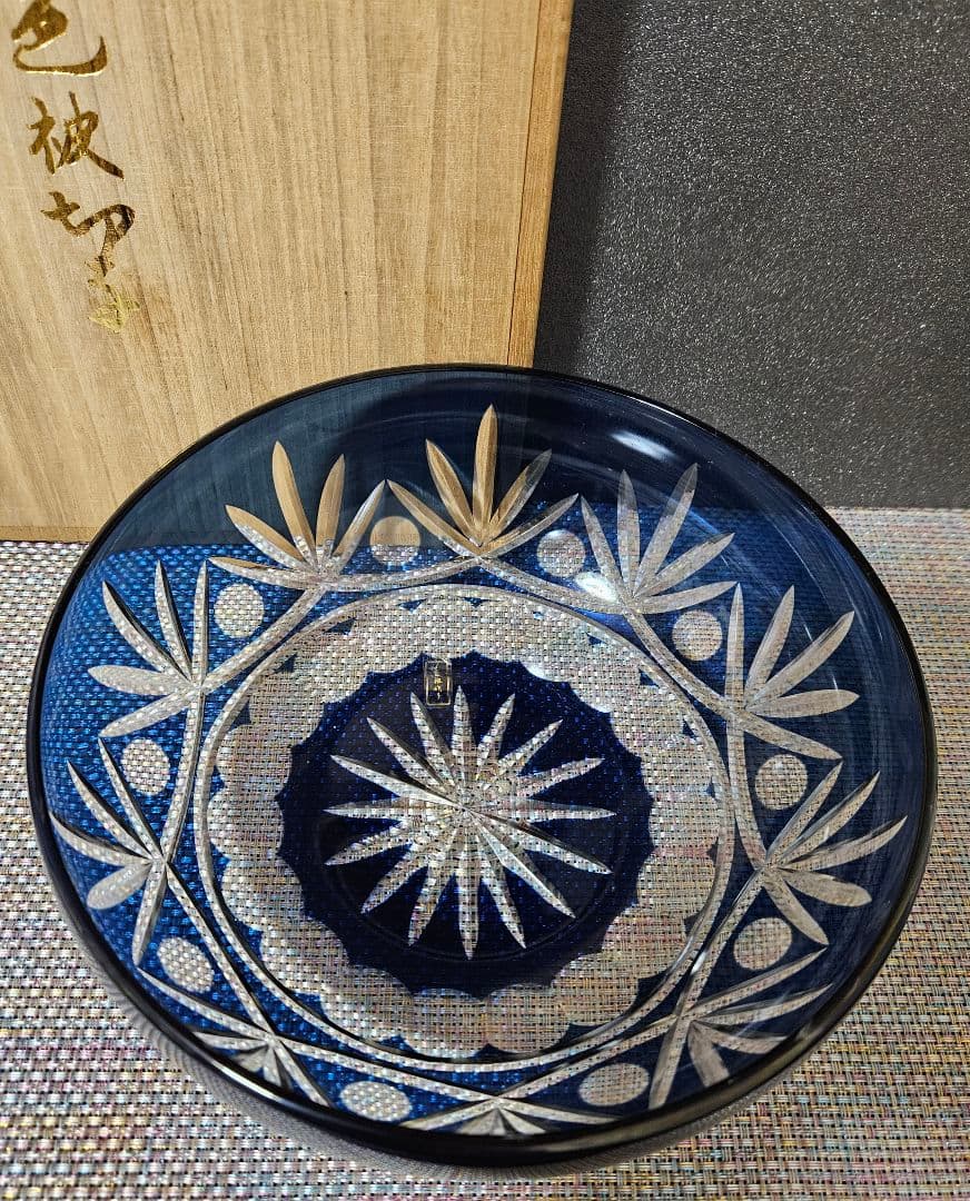 江戸切子　現代作品　青色被せ切子硝子 ガラス　鉢　菓子鉢　茶道具　茶器　共箱