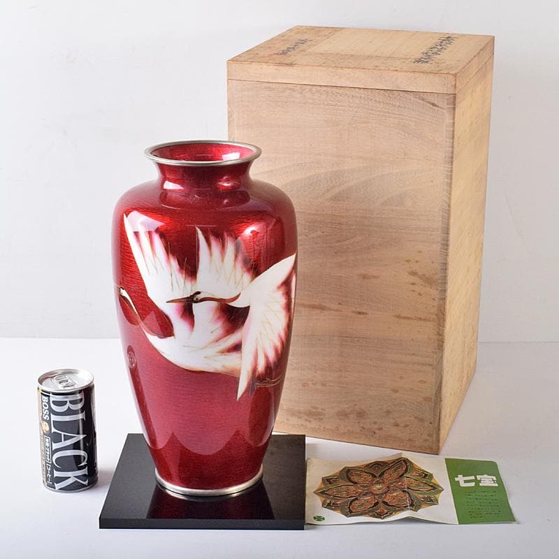 七宝焼　安藤七宝店　旭光釉双鶴文　花瓶　高さ約31㎝　台付　共箱　MR8333B