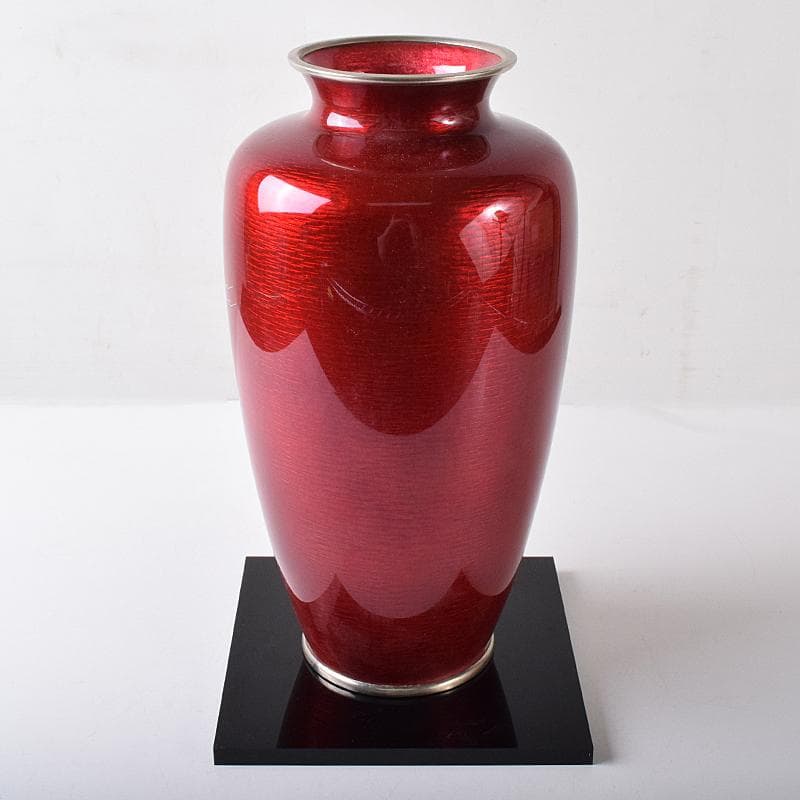 七宝焼　安藤七宝店　旭光釉双鶴文　花瓶　高さ約31㎝　台付　共箱　MR8333B