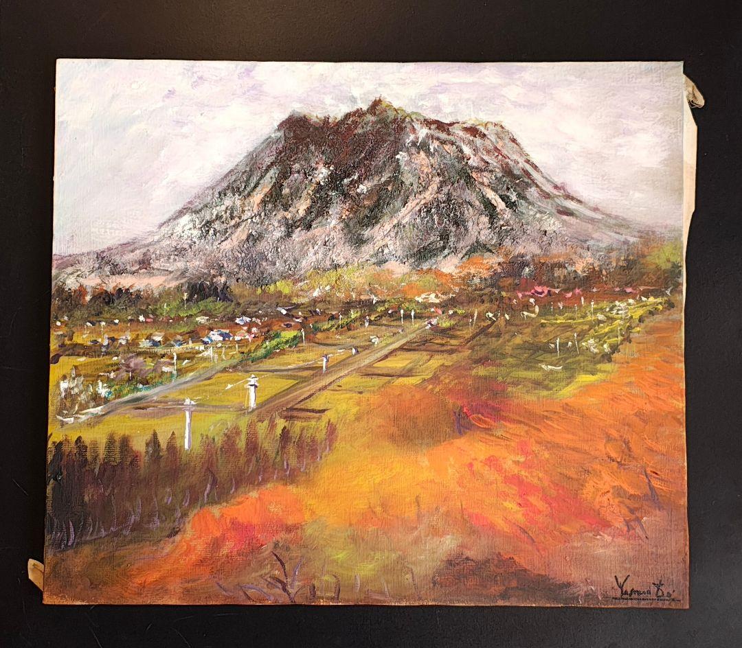 F10 油彩画 阿蘇「2001年 根子岳紅葉」額装 風景画