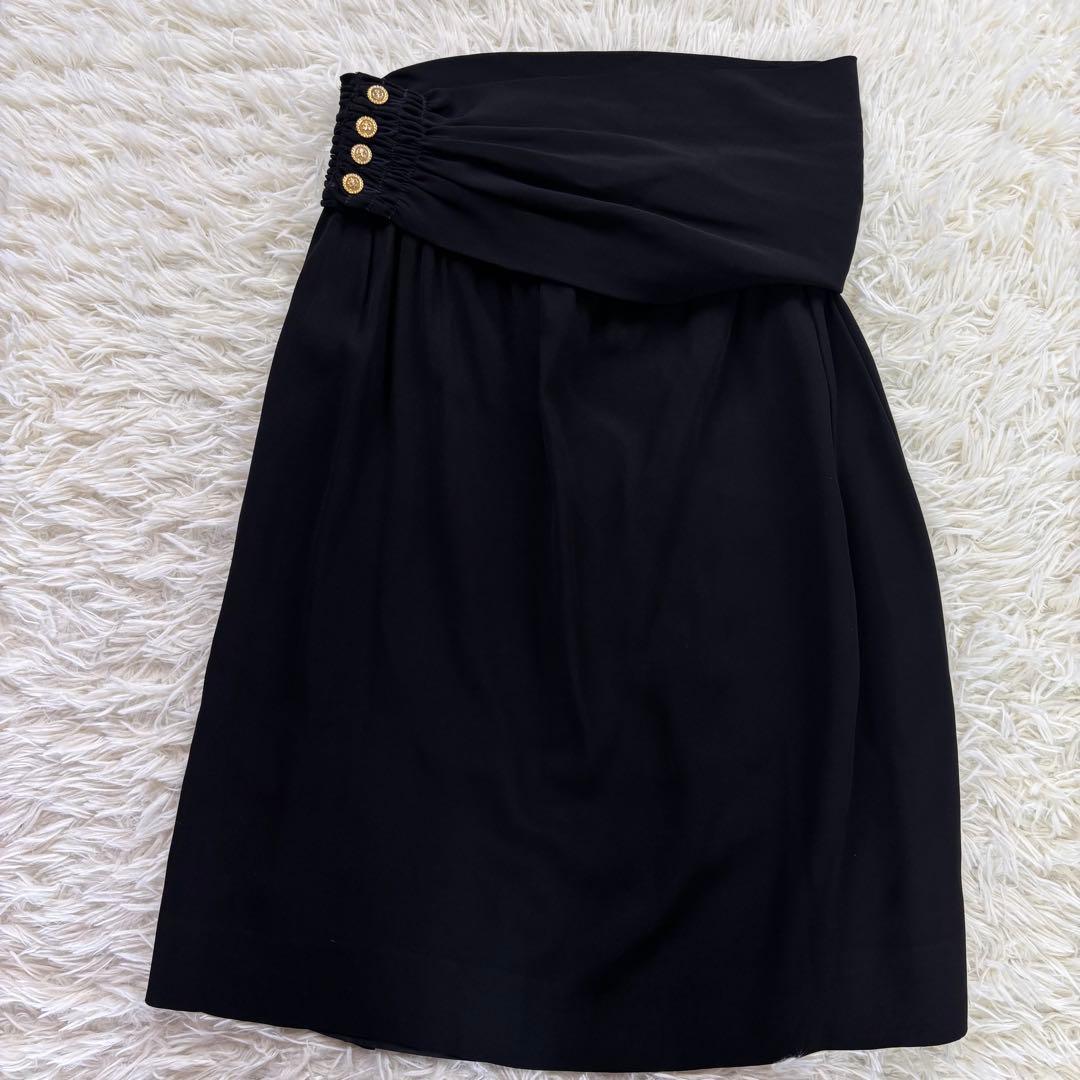 CHANEL シャネル スカート ブラック 42 金ボタン シルク混 ベルト